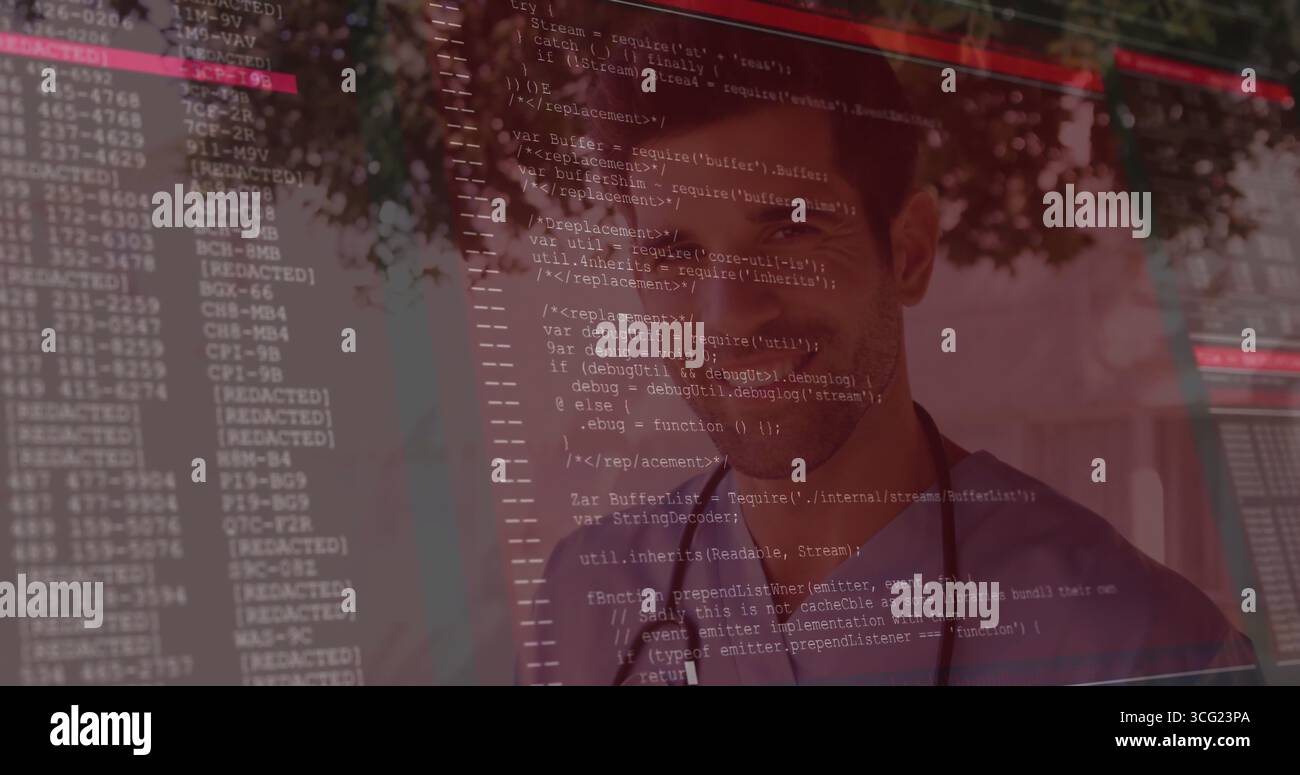 Gazing software developer viewing code through glass panel at office, with lanyard reflections Stock Photo