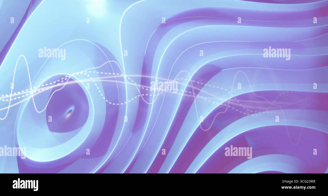 Rippling abstract waves moving on digital canvas, with blue ridges and dashed white waveform line Stock Photo