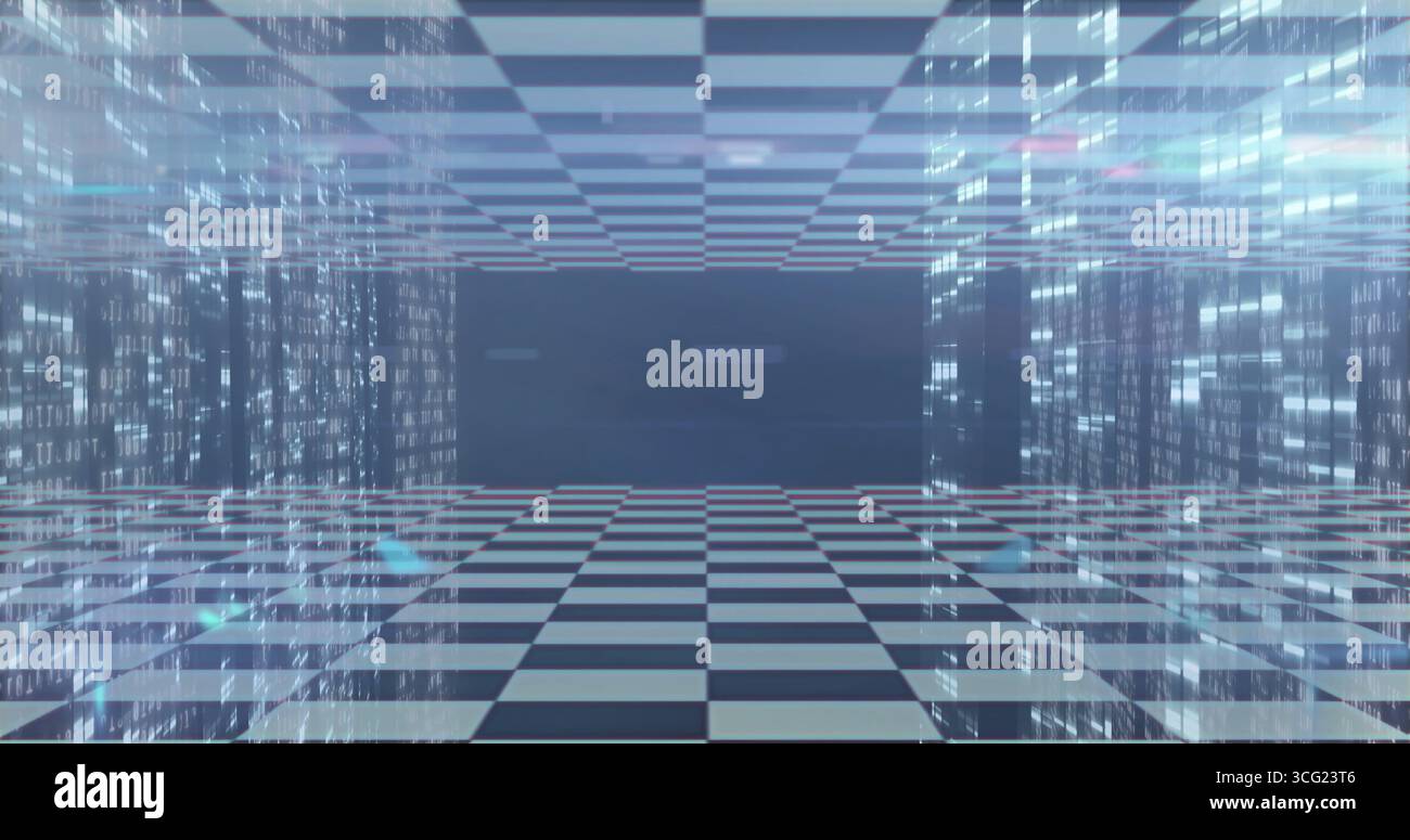 Mirrored checkered corridor receding in virtual simulation, with ...