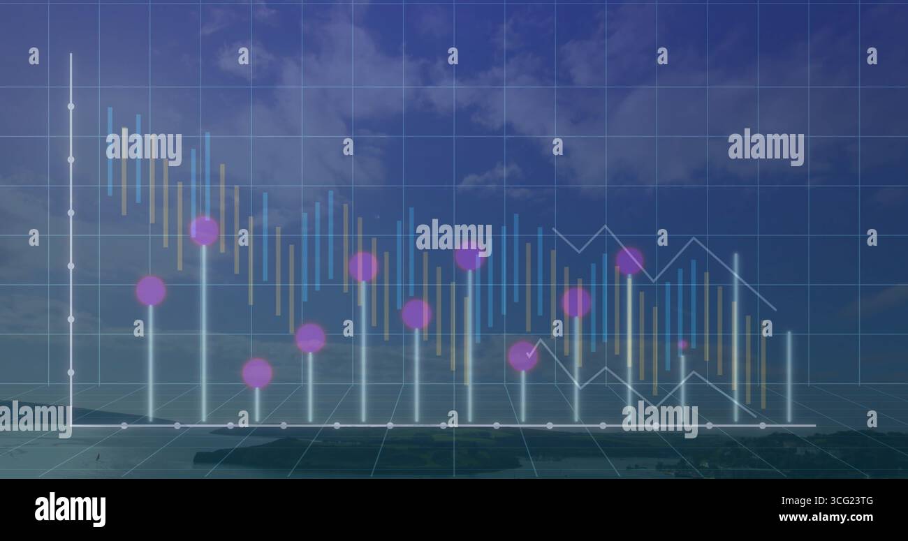 Displaying 3D chart floating above grid under cloudy sky, with candlesticks, graph, magenta markers Stock Photo