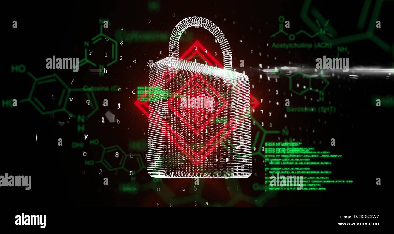 Floating wireframe lock bearing red heart emblem in security scene, flowing code and molecules Stock Photo