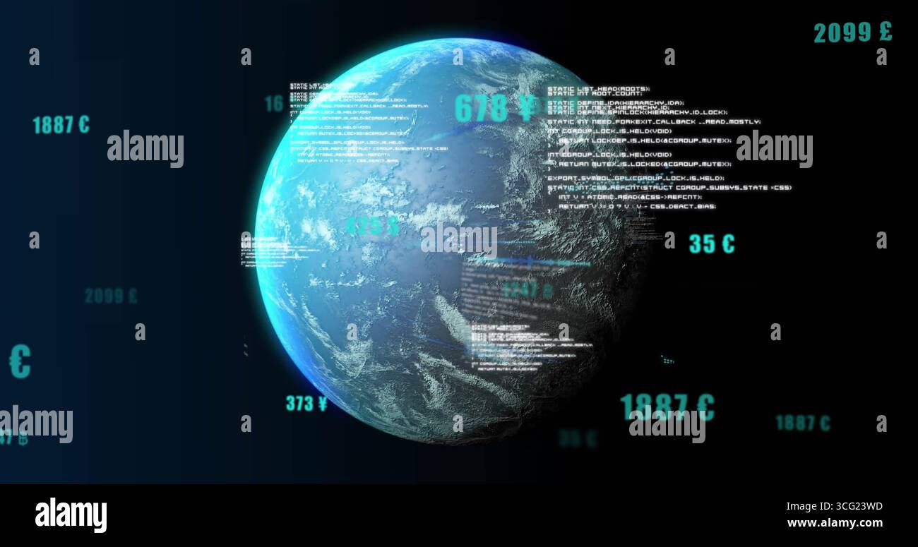 Displaying digital Earth globe rotating in 3D panel, with code and temperature currency overlays Stock Photo
