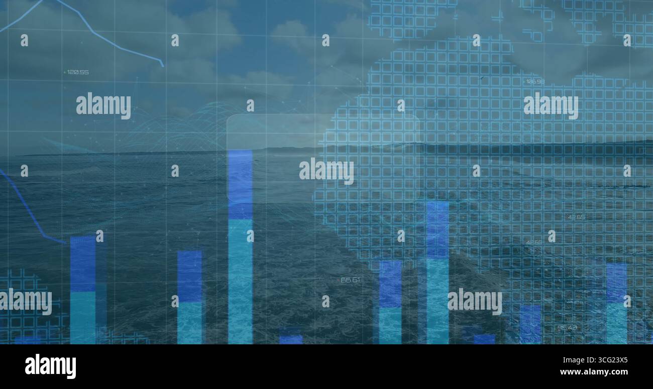 Displaying ocean stretching toward horizon in open sea, with translucent bar charts and line graphs Stock Photo