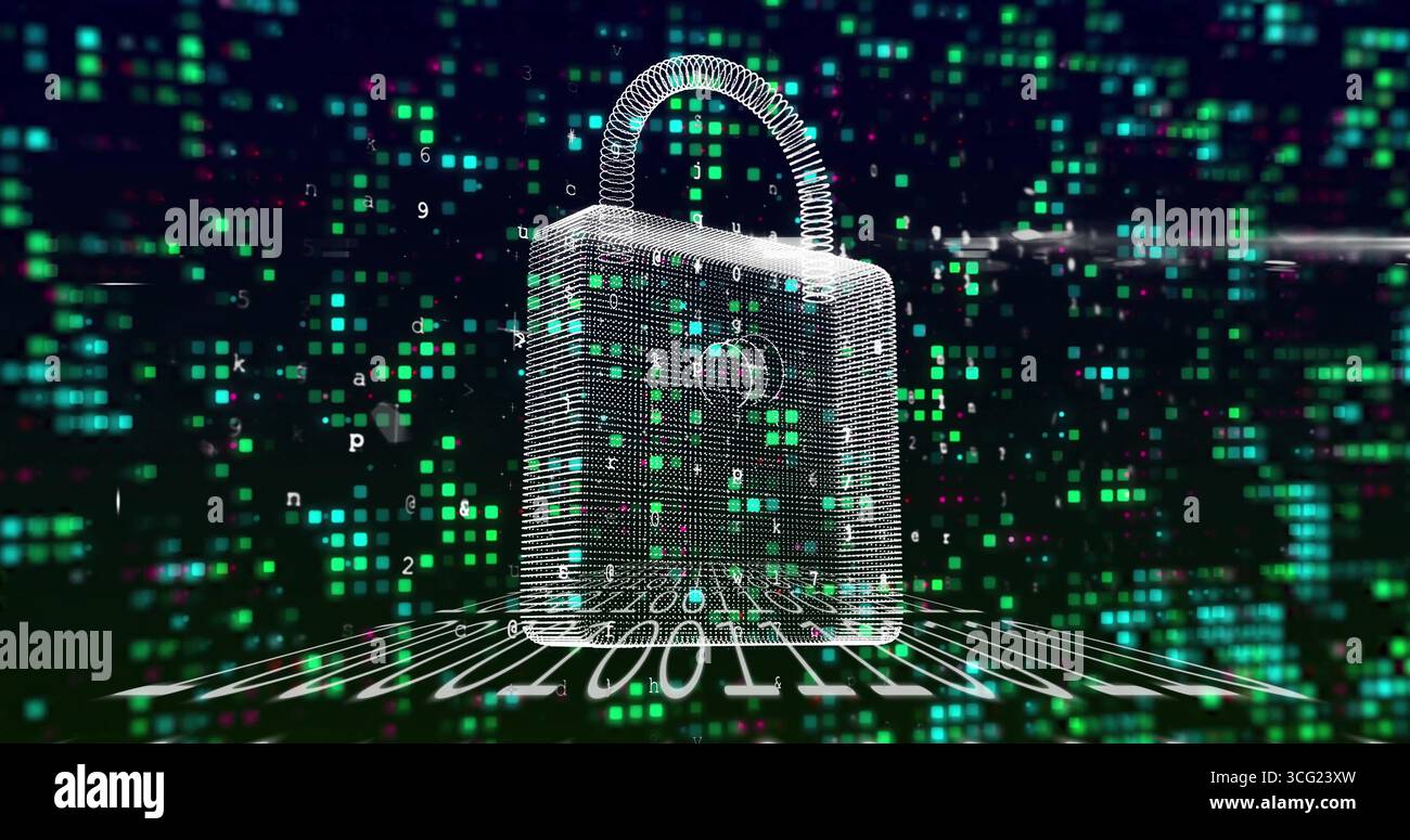 Displaying wireframe digital padlock glowing in cyberspace, with binary grid and floating squares Stock Photo