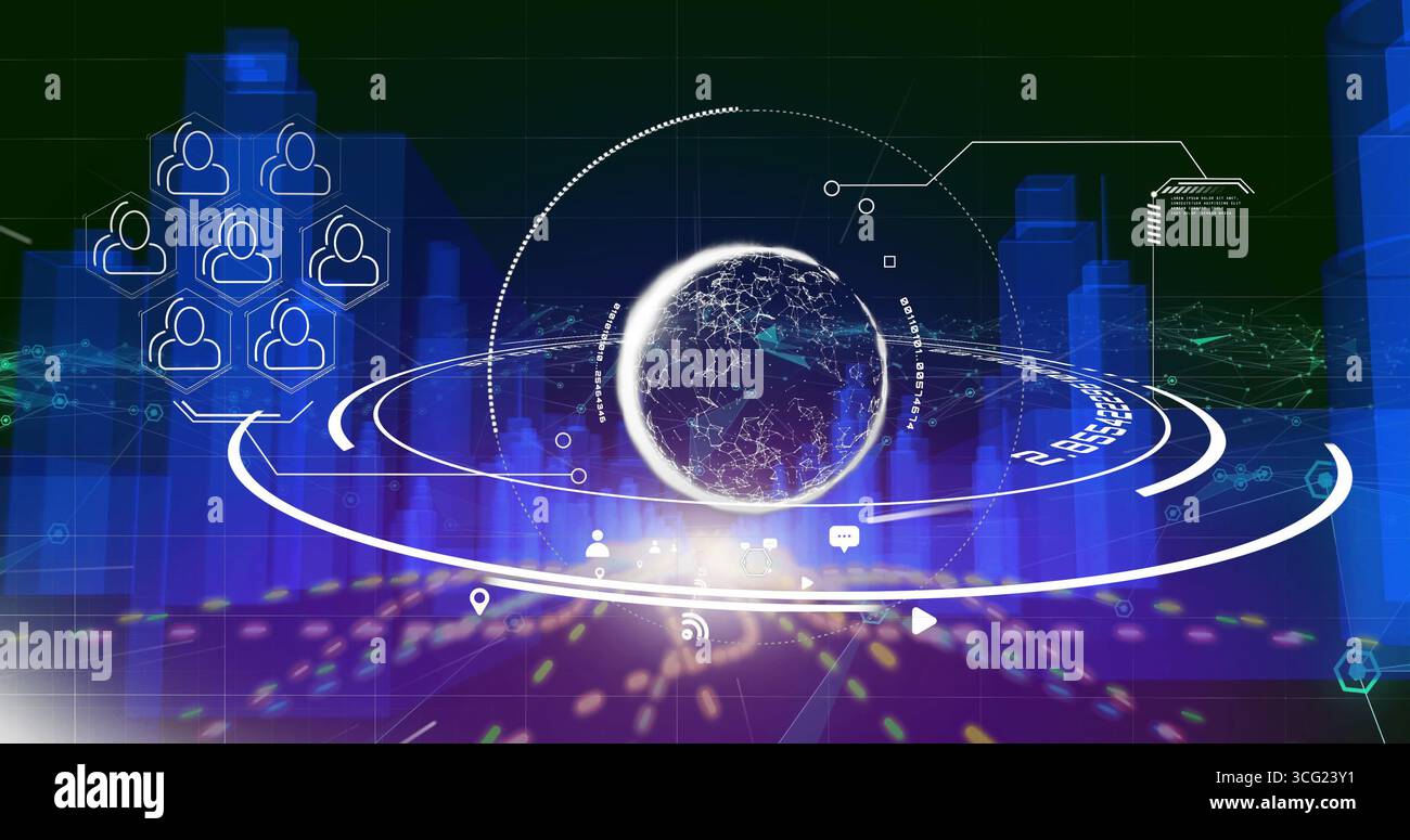 Displaying glowing digital globe rotating in virtual control room, with ...