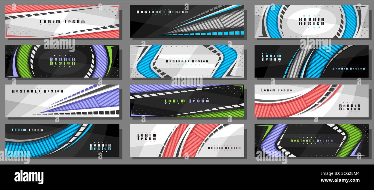 Vector set of Header Templates, 12 vivid colorful headers with blank copyspace for ad text on white background, twelve abstract banners for site heade Stock Vector