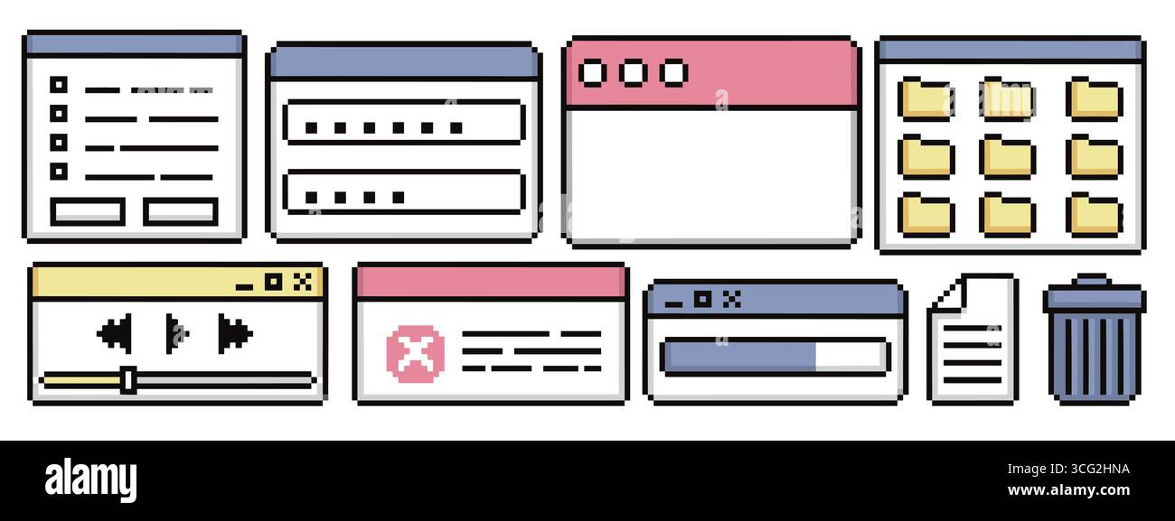 Pixel UI elements with frames and browser windows, media player and folder grid for retro interface design. 8 bit error dialog, loading bar with document icon. Vintage operating system or game menu. Stock Vector