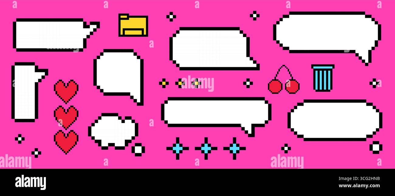 Pixel speech bubbles with y2k aesthetic elements - white dialogue boxes ...