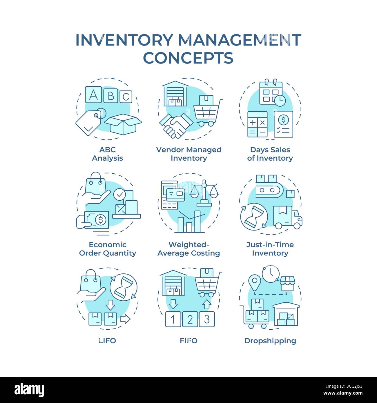 Inventory management soft blue concept icons Stock Vector