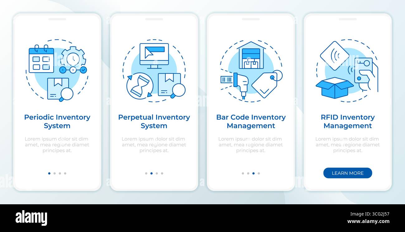 Inventory management systems blue onboarding mobile app screen Stock Vector
