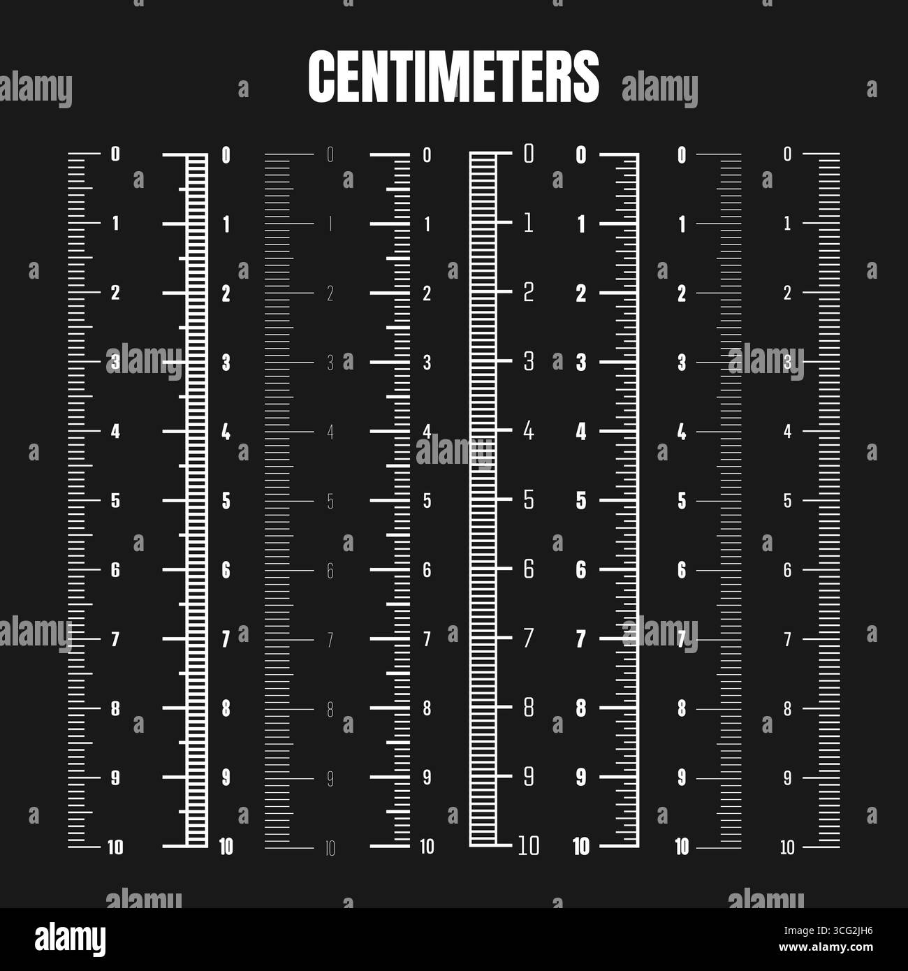 Vertical centimeter scale for measuring length or height. Various ...