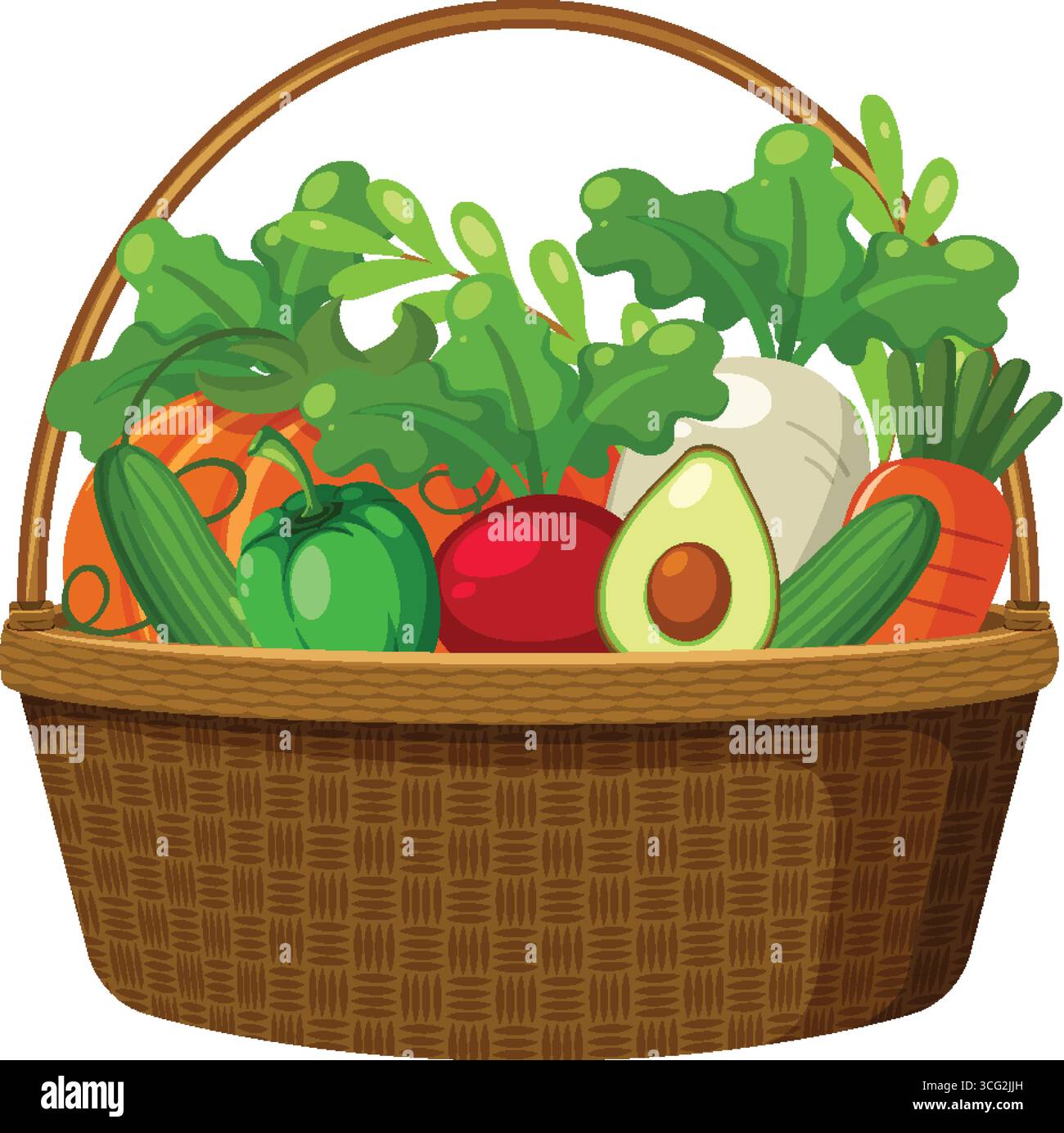 Flat vector illustration of a wicker basket filled with fresh leafy ...