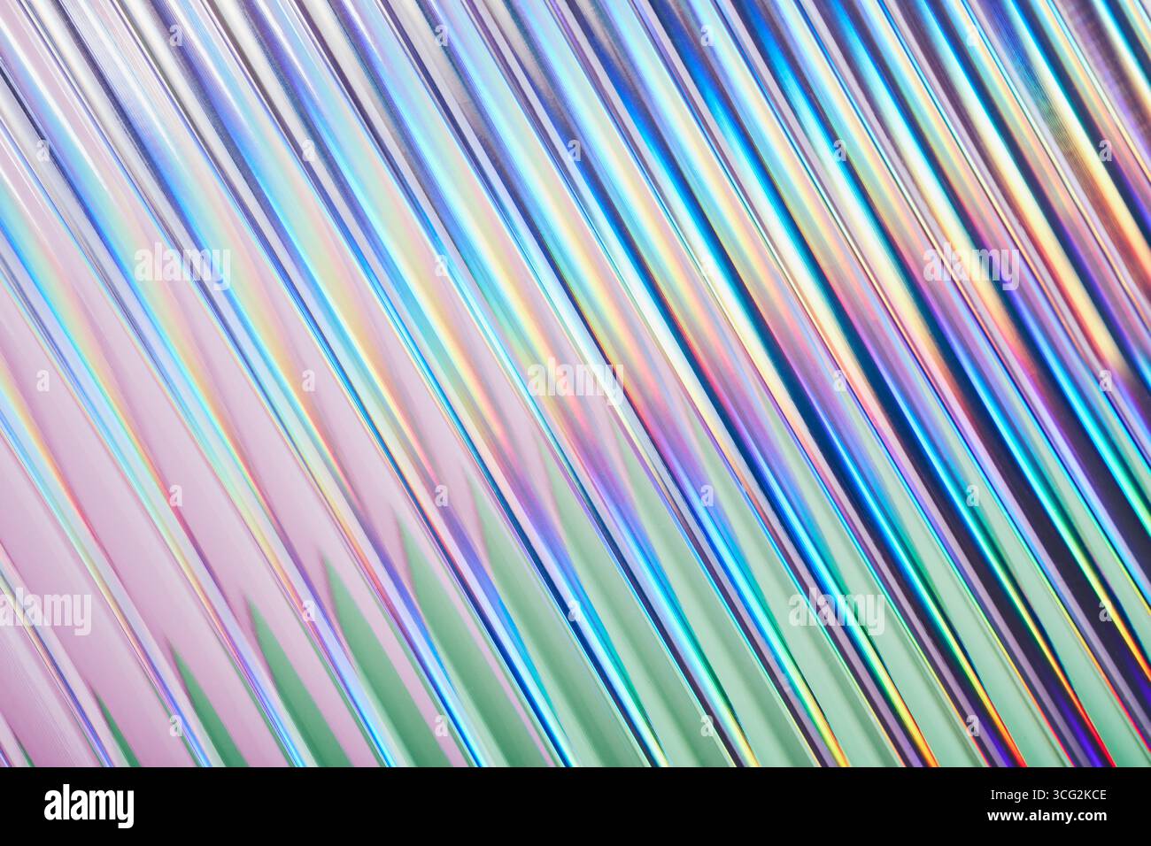 Iridescent gradient ribbed glass background, diagonal abstract neon texture Stock Photo