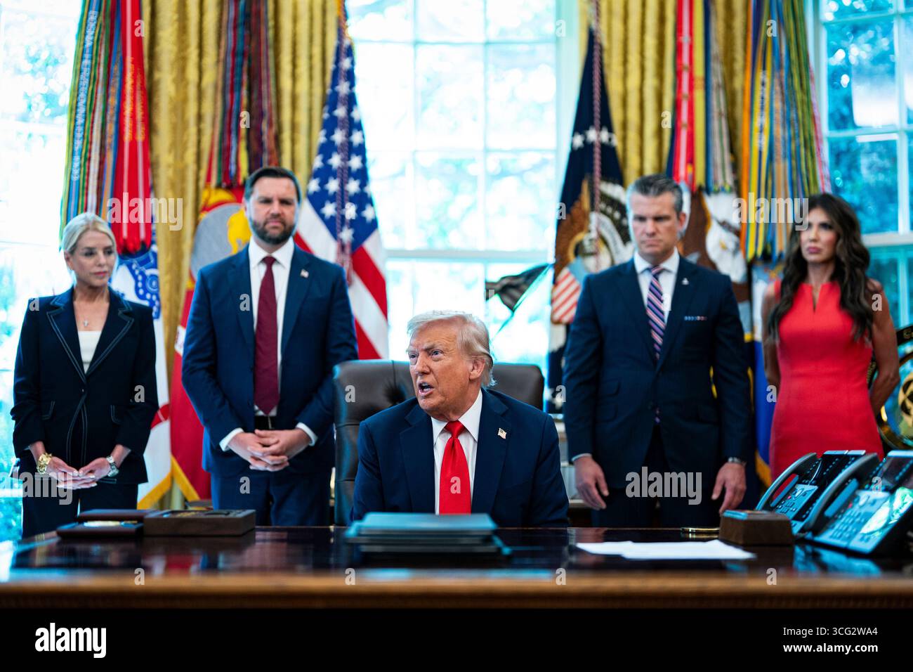 Pam Bondi, US attorney general, from left, US Vice President JD Vance ...