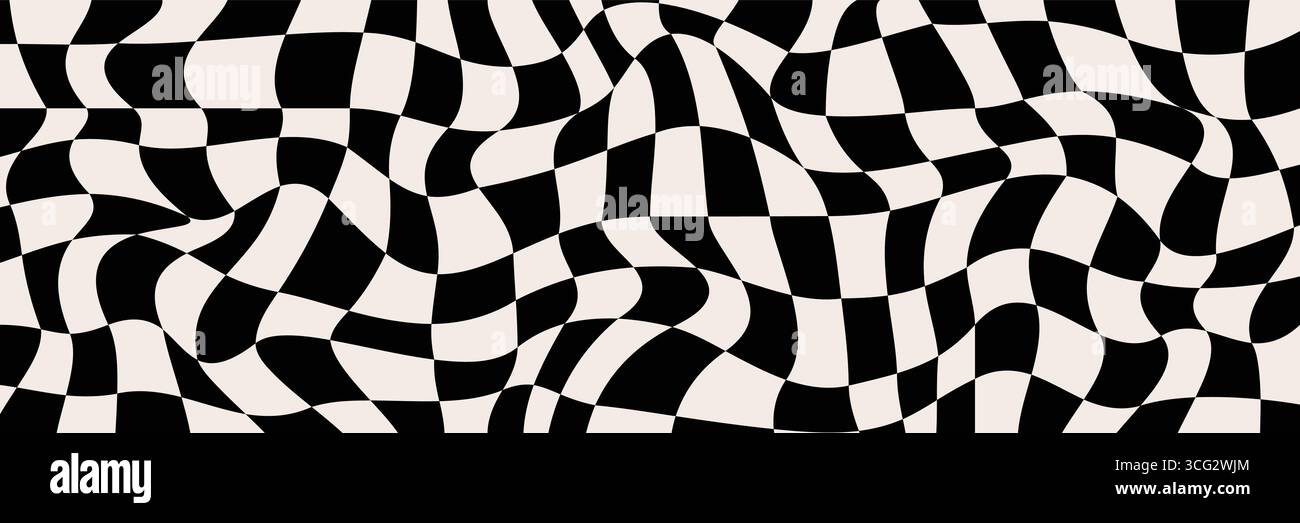 Trippy melting checkerboard. Retro groovy background. Wavy distorted chessboard surface. Psychedelic optical pattern.. Stock Vector