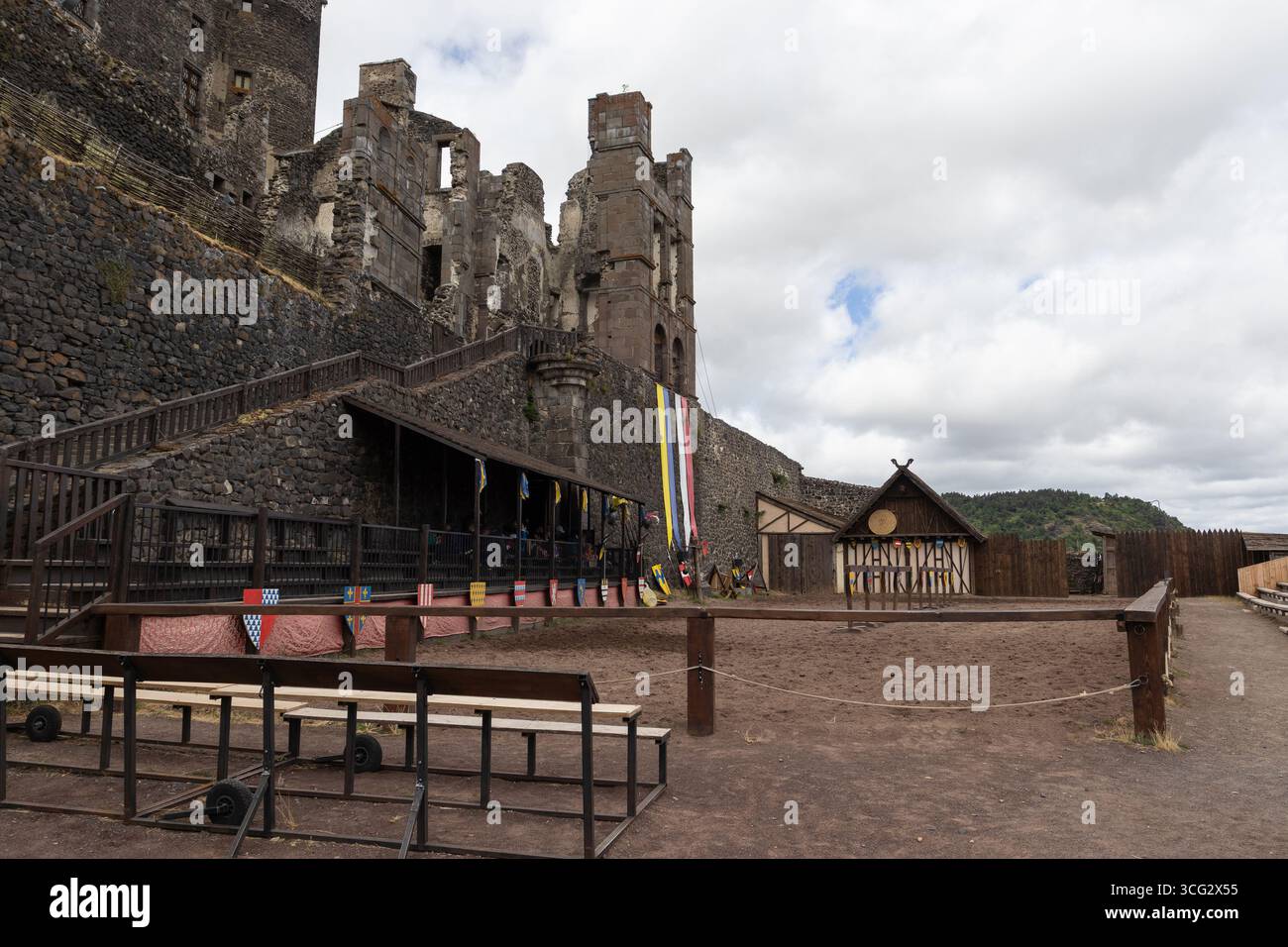MUROL, FRANCE, 21 JULY 2025: The jousting arena at Chateau Murol in Puy de Dome, France. It is a popular tourist attraction in the area with a summer - Stock Image