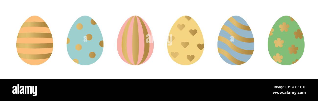 set of different colorful easter eggs decorated golden patterns - vector illustration Stock Vector