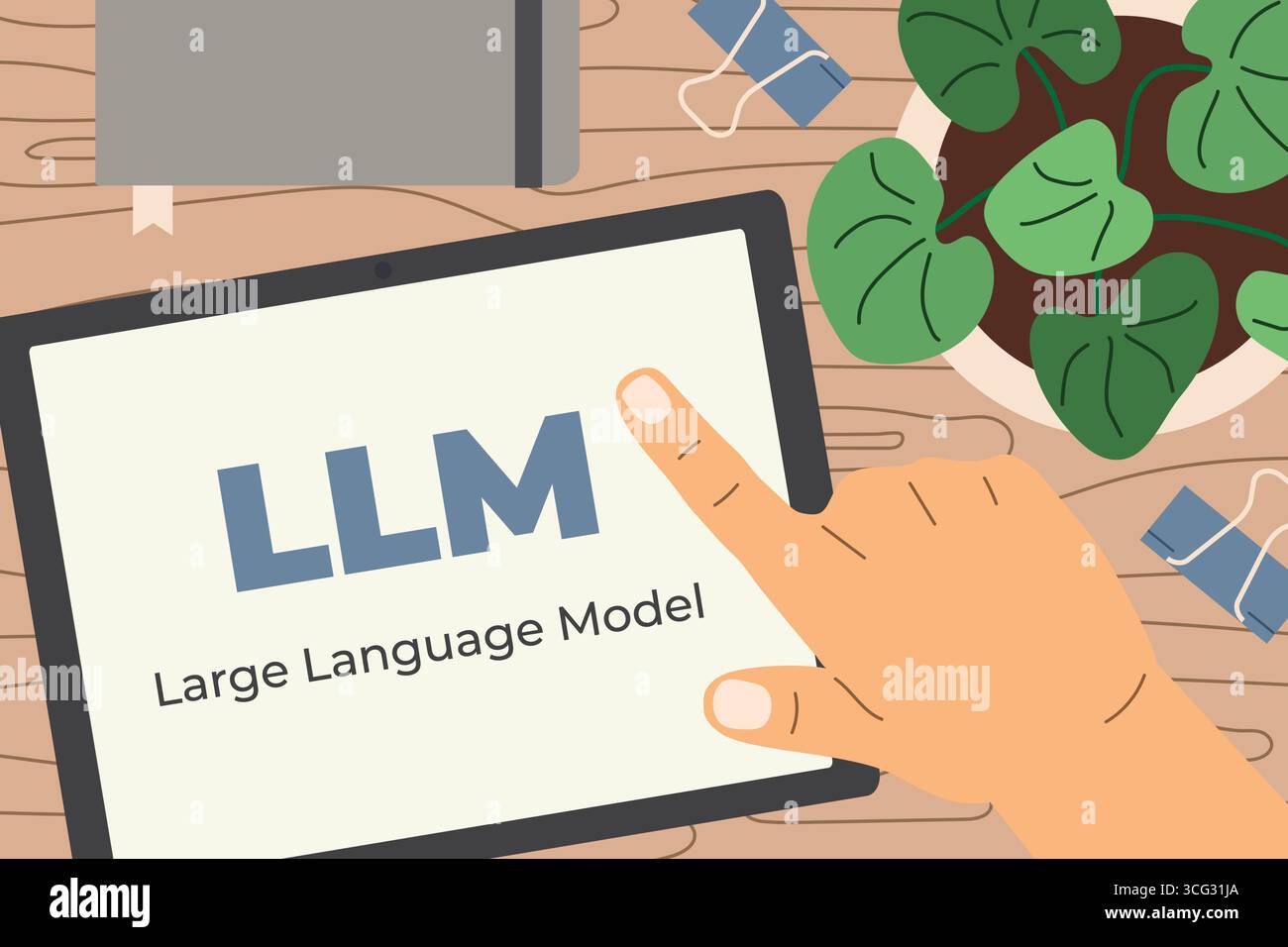 hand interacting with a digital tablet displaying LLM – symbolizing artificial intelligence, machine learning, and modern language processing technolo Stock Vector