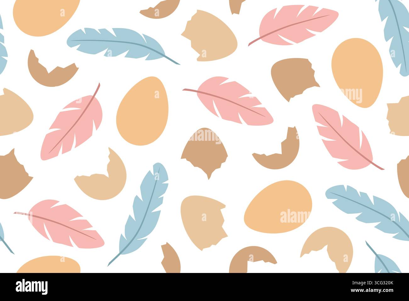 seamless pattern with eggs, broken egg shells and colorful feathers; Easter background- vector illustration Stock Vector