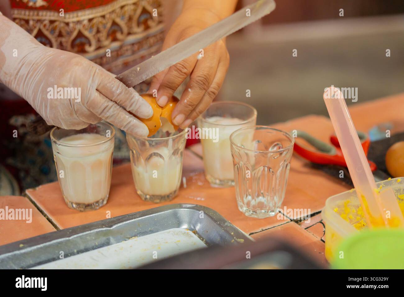 Hard boiled eggs in cup ready to eat from the shop grilled eggs street food of Thailand. Breakfast with soft boiled egg. Stock Photo