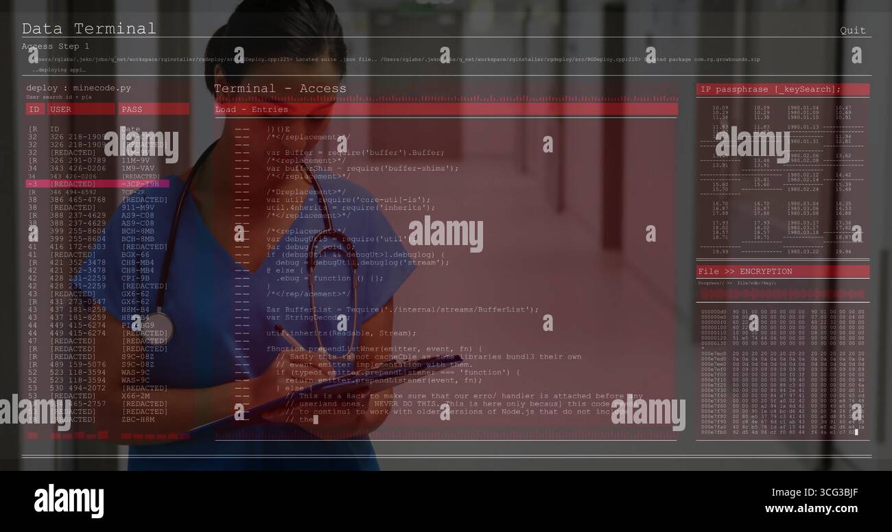 Writing Indian nurse wearing scrubs and stethoscope, viewing overlay on ...