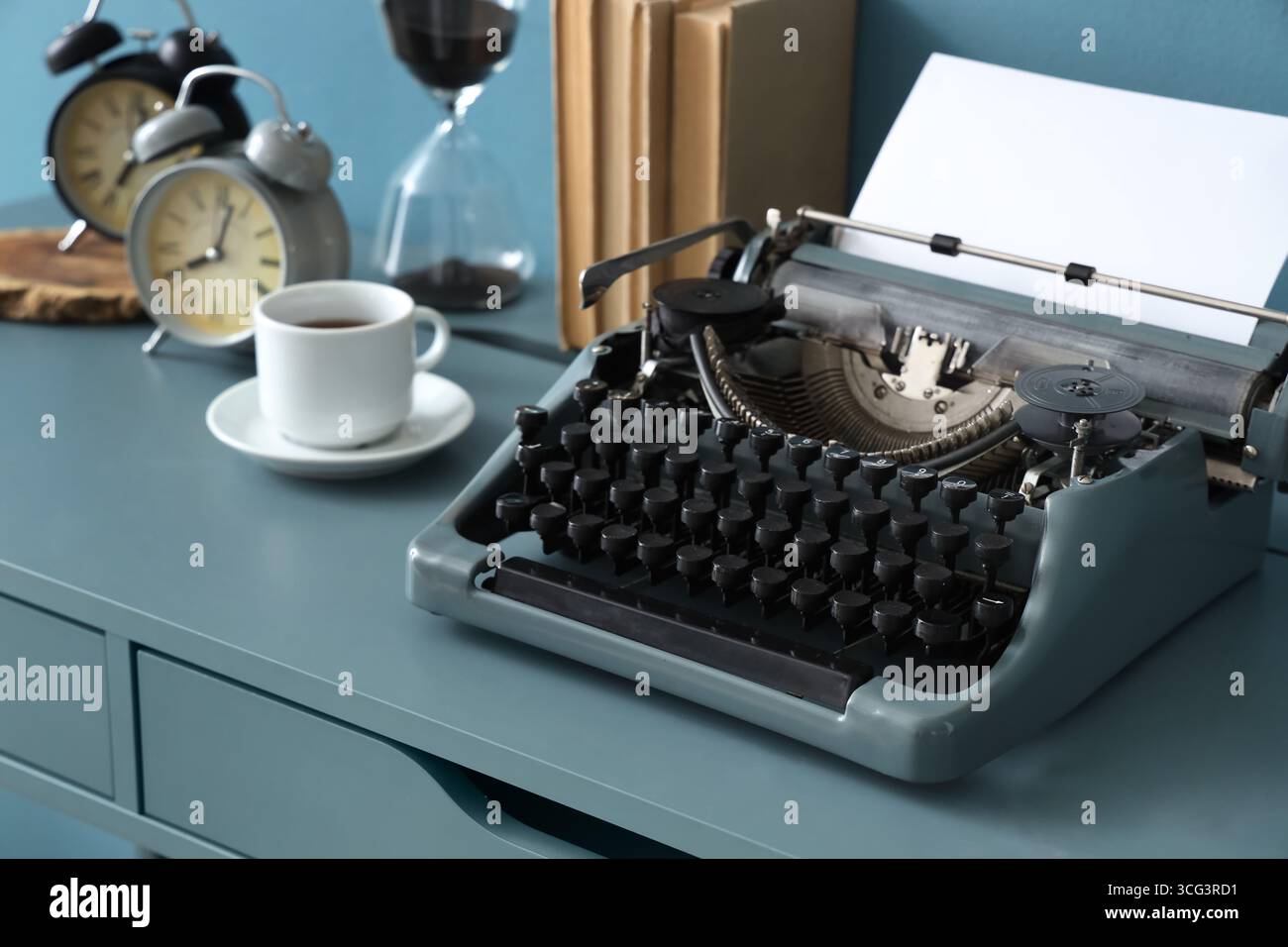 Vintage typewriter on table in office, closeup Stock Photo