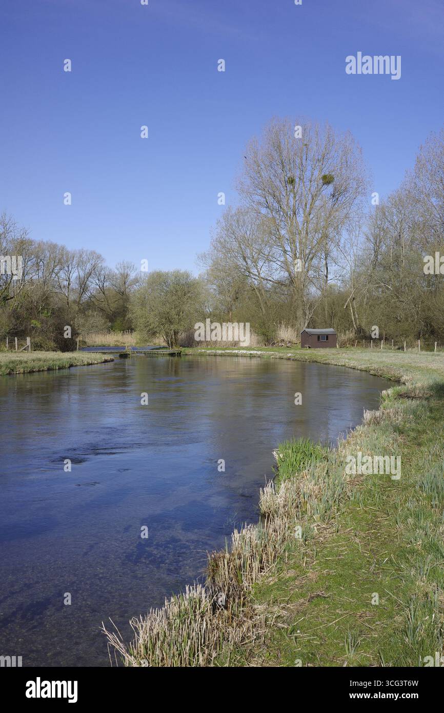 Winchester. England. The River Itchen at Martyr Worthy. The river is is one of the world’s premier chalk streams for fly fishing. Stock Photo