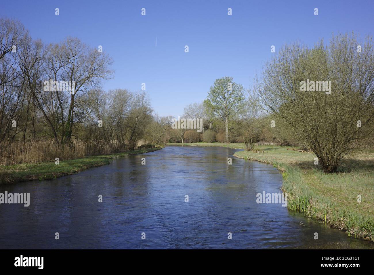 Winchester. England. The River Itchen at Martyr Worthy. The river is is one of the world’s premier chalk streams for fly fishing. Stock Photo