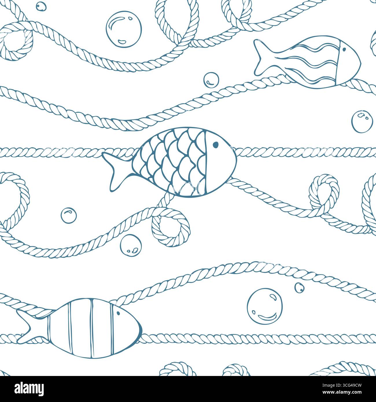Twisted ropes, fish and bubbles on a clean white background - a classic sea story. Hand-drawn linear illustration line art graphics. Seamless pattern Stock Vector