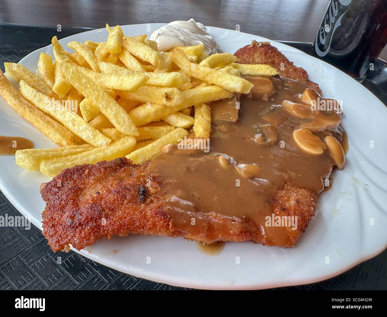 Paniertes Schweineschnitzel mit Pilzsauce und Pommes Frites ...