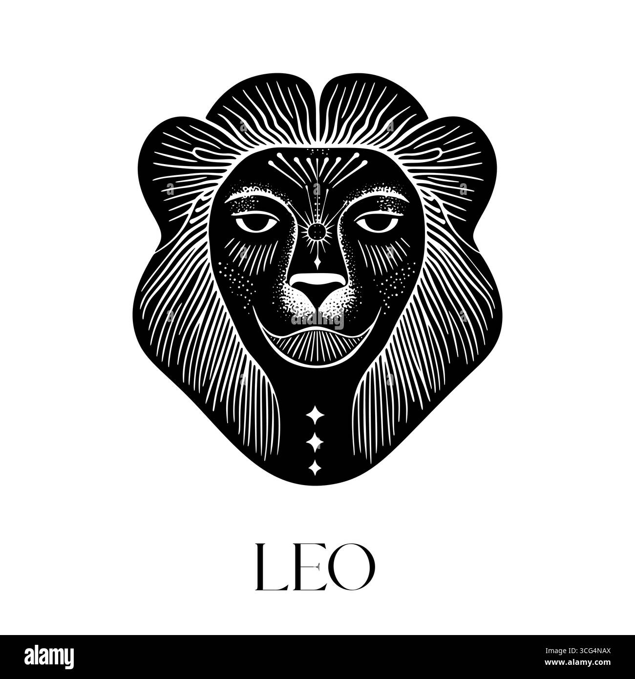 Intricate black and white zodiac lion illustration with leo symbol Stock Vector