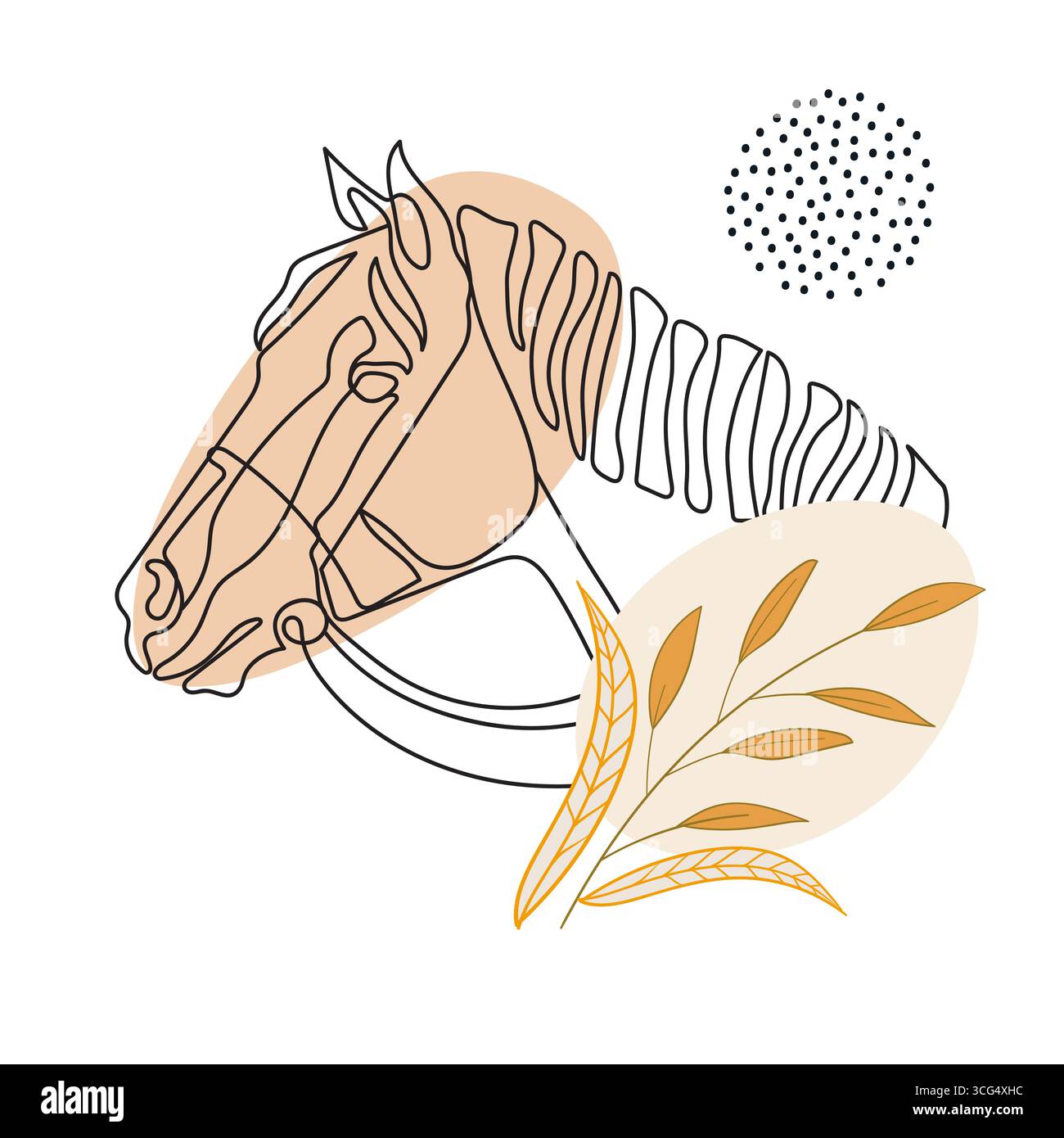 Modern abstract head of beautiful horse in one continuous line and botanical elements. Vector illustration in soft pastel colors. Trendy equestrian de Stock Vector