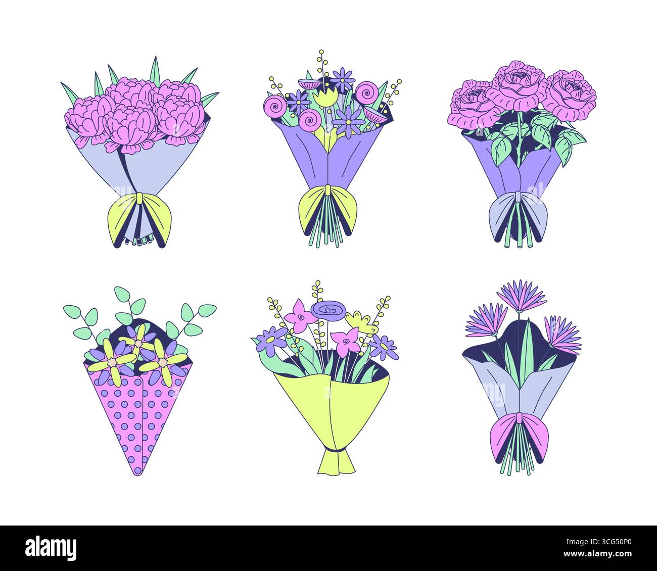 Different flower bouquets in decorative wrapping 2D cartoon objects set ...