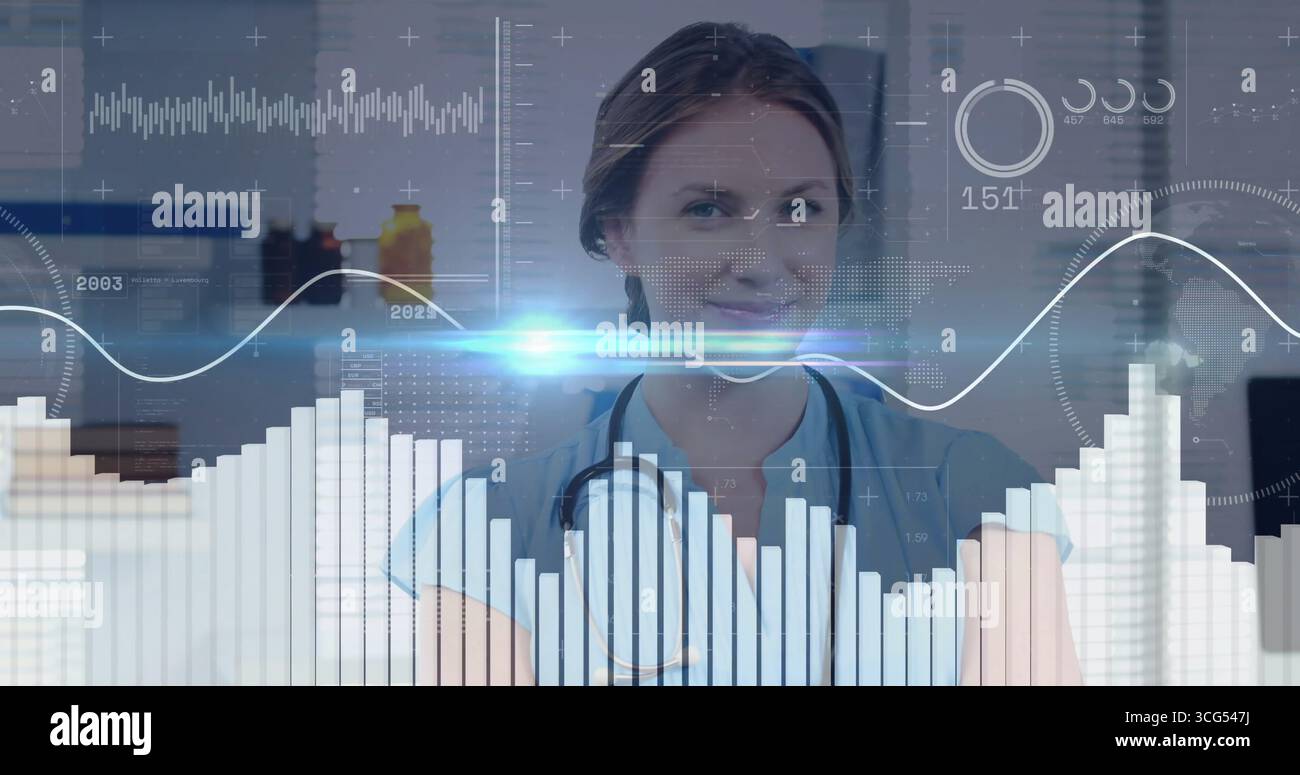 Monitoring female doctor analyzing digital overlays in lab room, with ...