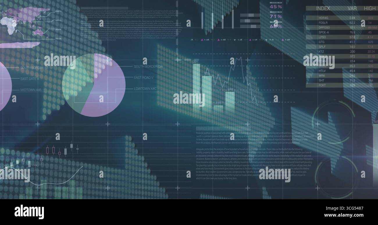 Displaying dashboard visualizing data metrics on dark screen, with world map overlay and pie charts Stock Photo