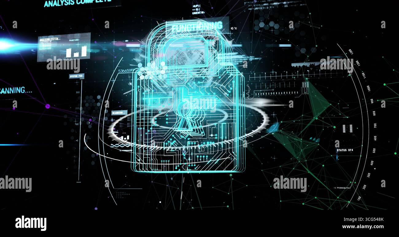 Displaying holographic padlock icon glowing above security interface with rings, nodes, data lines Stock Photo