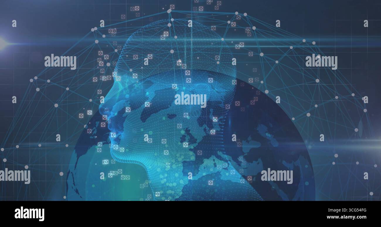 Displaying wireframe head profile and digital globe in virtual network, with lines and data nodes Stock Photo