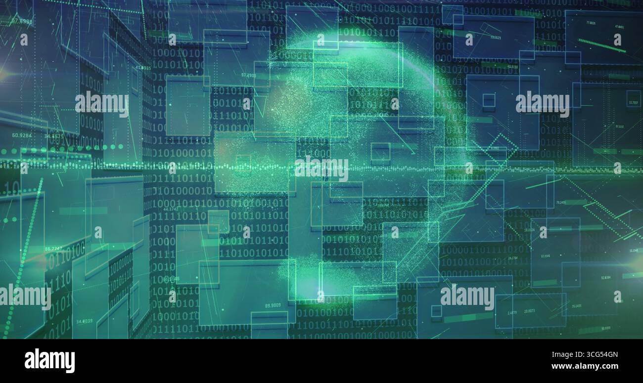 Floating green folder icon in virtual network, with binary streams ...