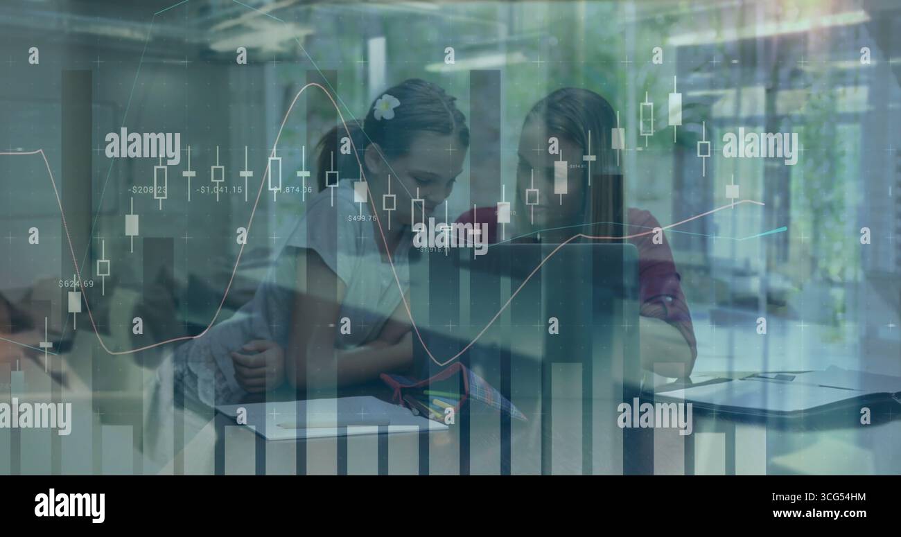 Pointing woman and girl studying at glass table in study area, with laptop notebook pencil-case Stock Photo