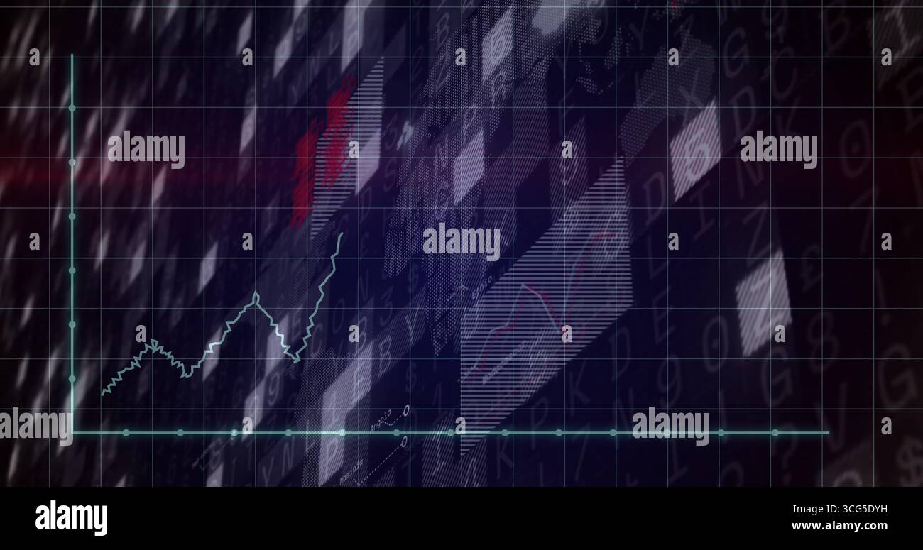 Displaying turquoise line graph moving over grid axes on digital dashboard, overlapping data panels Stock Photo