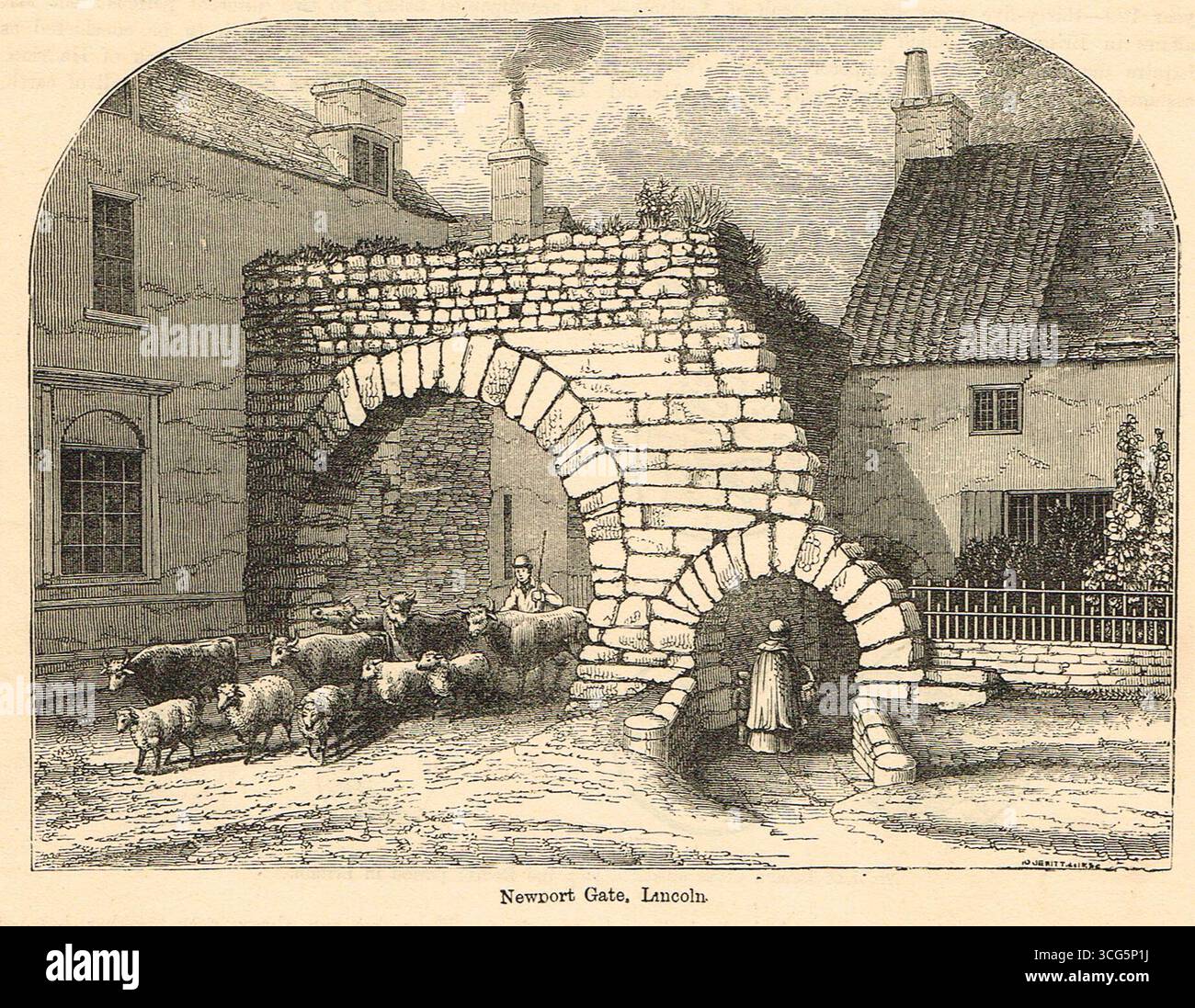 19th century illustration of Newport Arch in Lincoln.  A 3rd-century Roman gate in the Newport district of the city of Lincoln in Lincolnshire, England. It is reputedly the oldest arch in the United Kingdom still used by traffic. Stock Photo