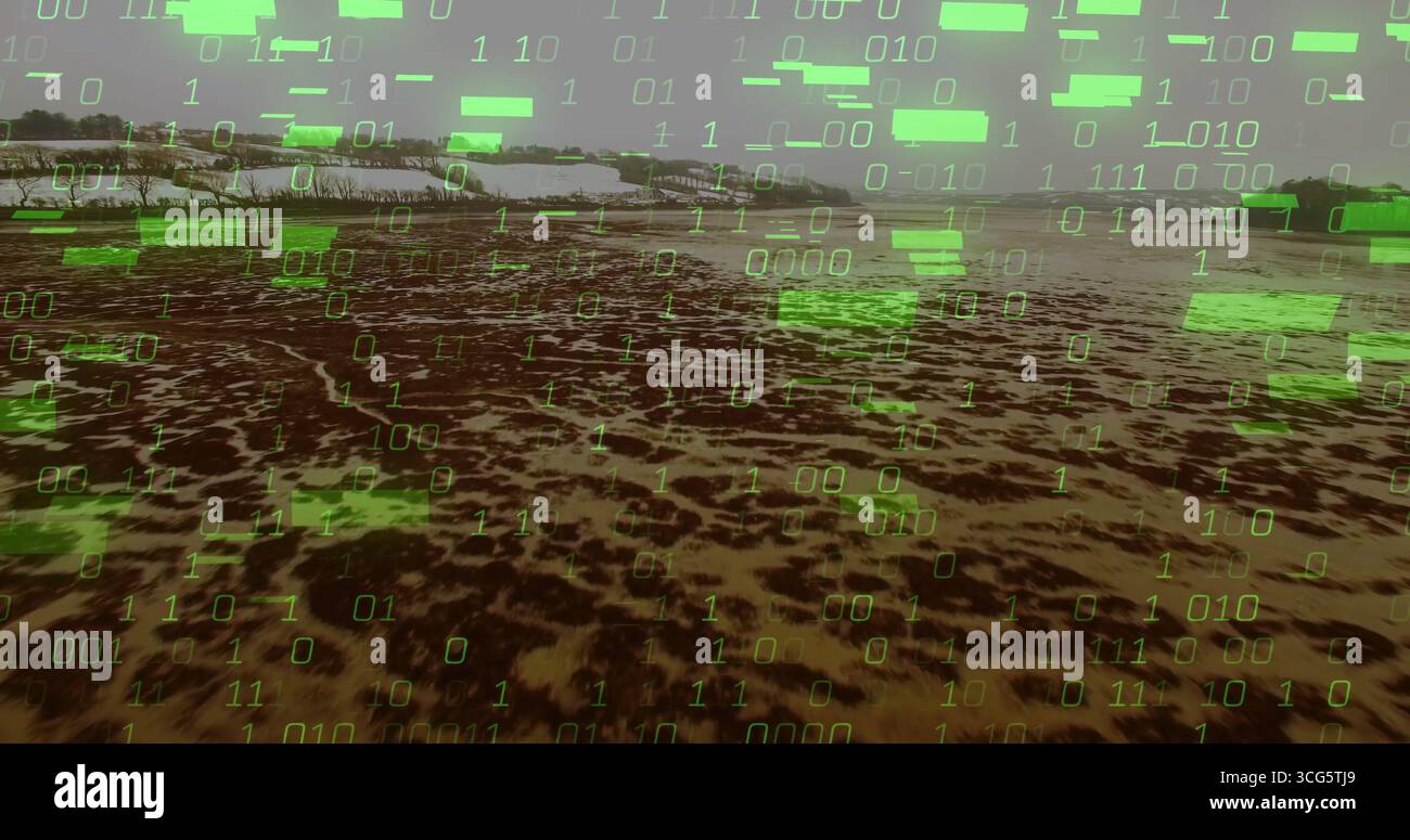 Streaming neon-green binary code overlay flowing across dry mudflat in floodplain, with data blocks Stock Photo