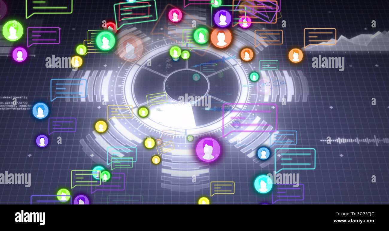 Displaying HUD tracking data in interface with chat-bubbles avatars panels waveforms code on grid Stock Photo