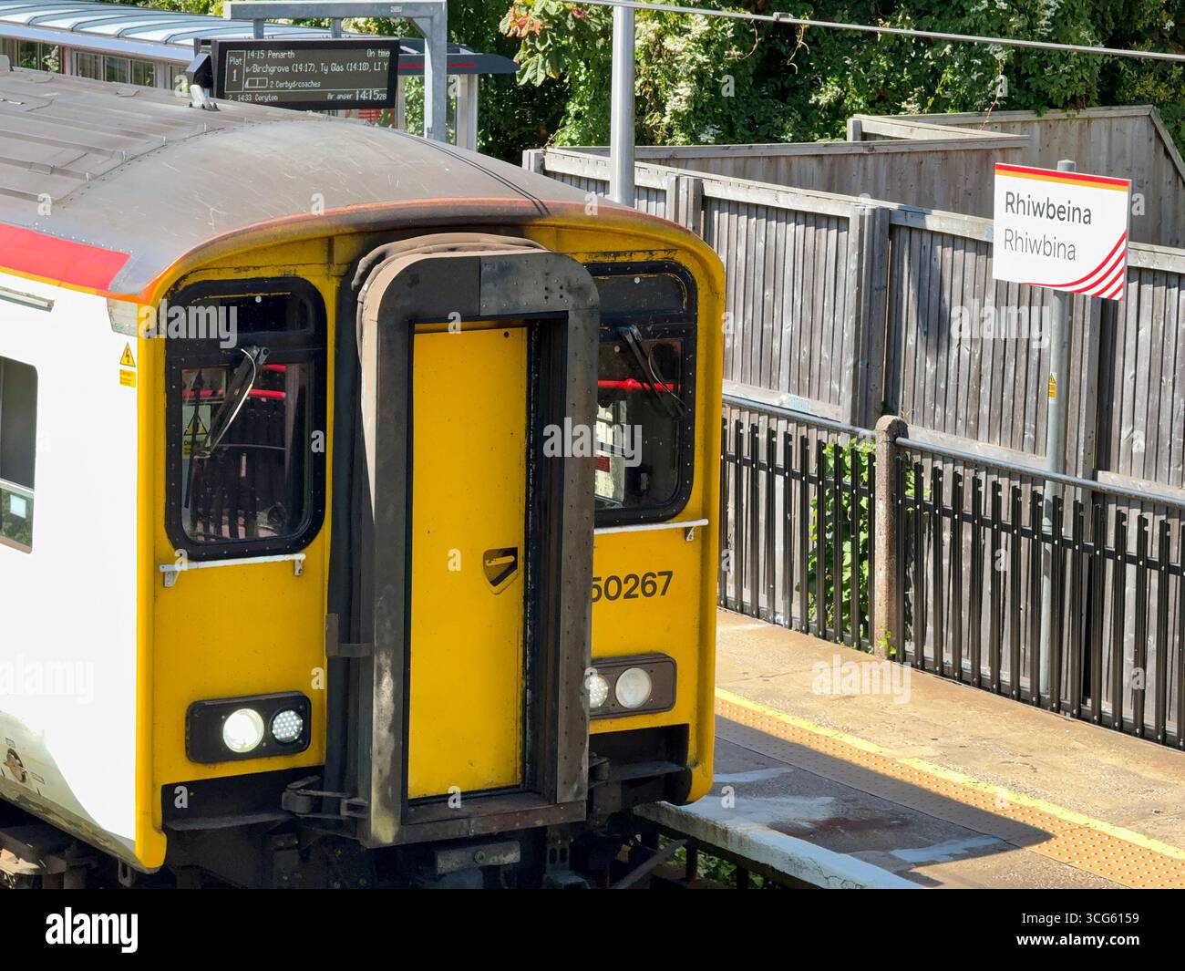 Rhiwbina, Cardiff, Wales, UK - 8 July 2025: Close up view of a Transport for Wales Class 150 diesel commuter train at Rhiwbina railway station - Smartphone Captured Stock Image