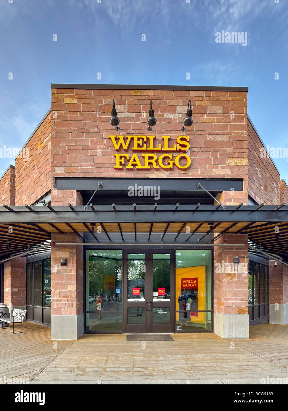 Jackson, Wyoming, USA - 27 May 2025: Front exterior view of the entrance to the branch of the Wells Fargo bank in the town centre - Smartphone Captured Stock Image