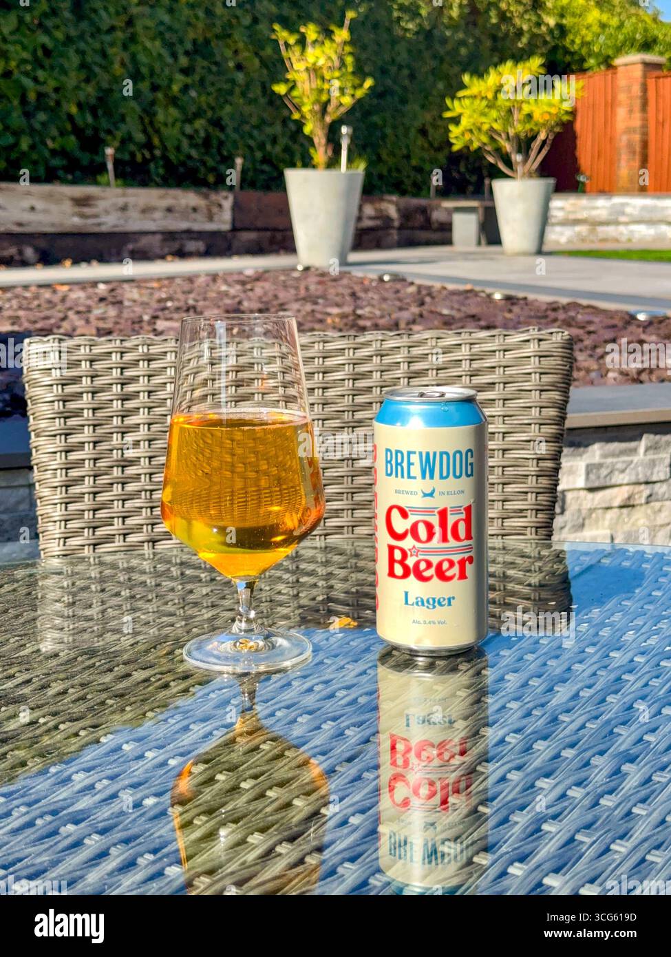 Cardiff, Wales, UK - 10 August 2025: Open can of Brewdog Cold Beer alongside a glass of beer on a table in a garden - Smartphone Captured Stock Image