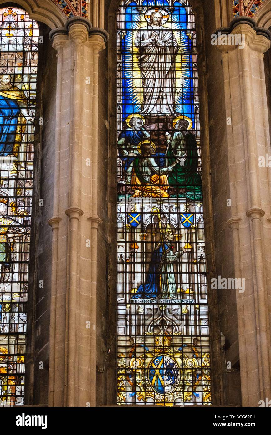 Wells, Somerset, England, U.K. Wells Cathedral, Stained Glass Window, Interior West End. Stock Photo