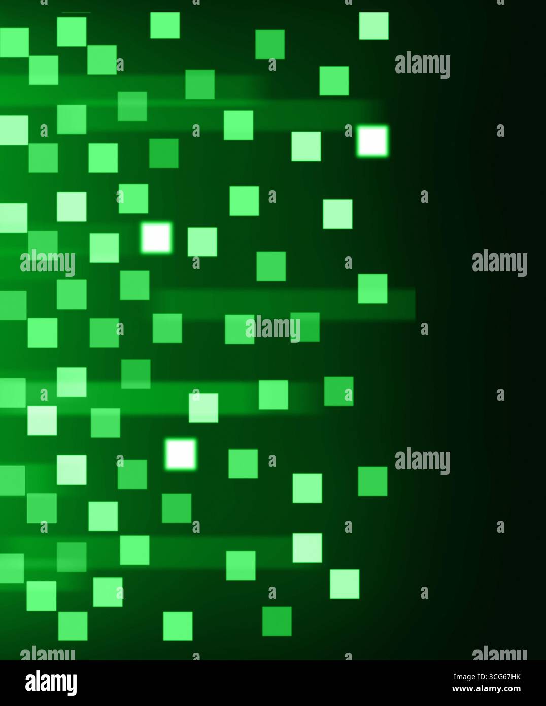 Abstract square pattern with glowing green blocks on dark background Stock Photo