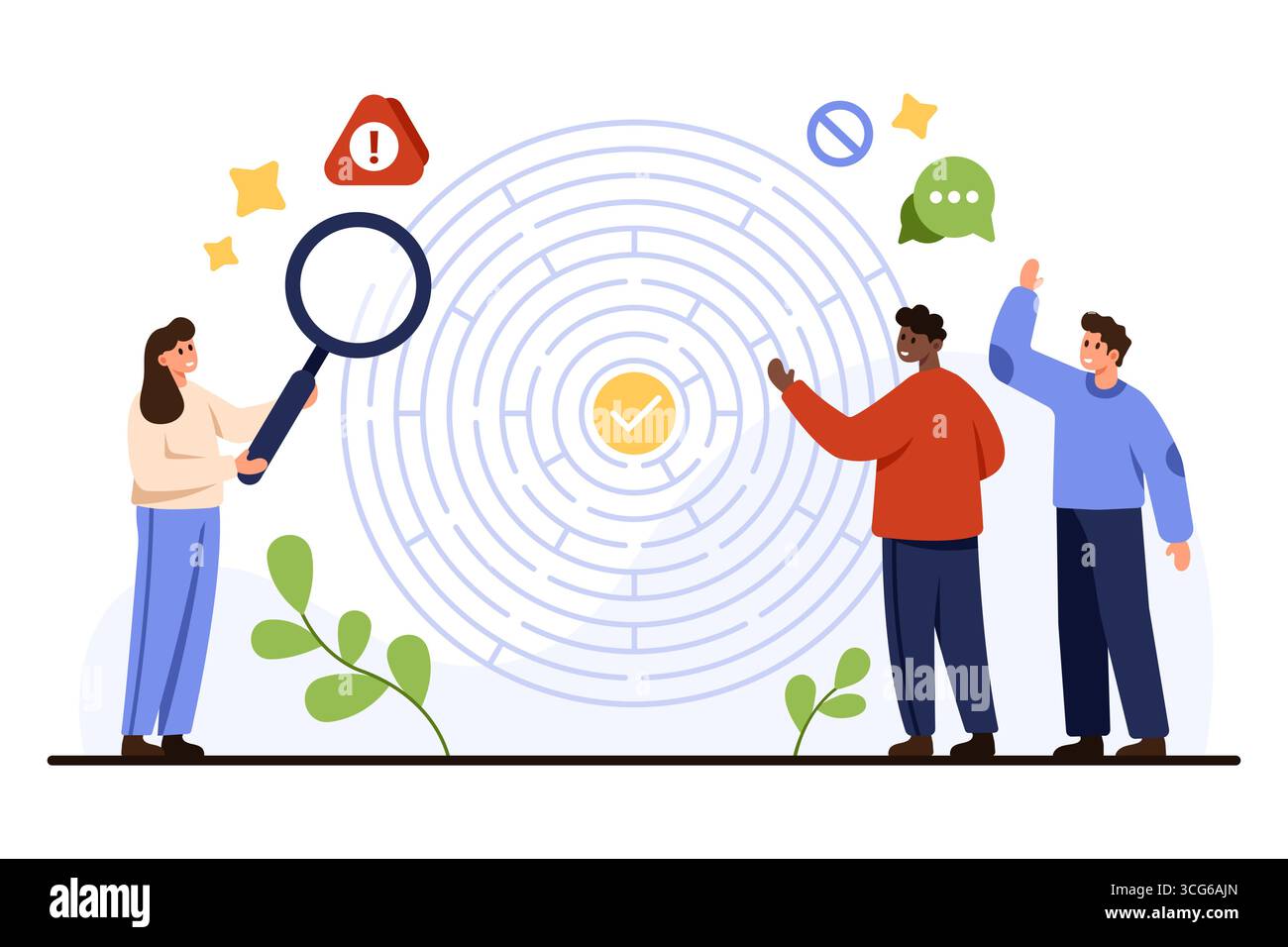 Business people analyzing circular maze with magnifying glass teamwork ...