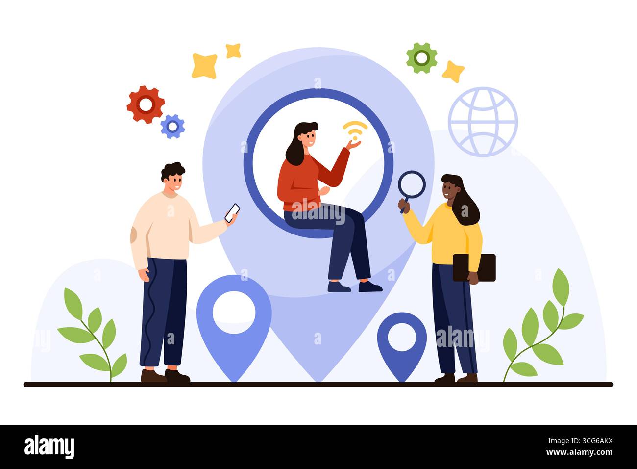 Modern users interact with geotag navigation tools, showing teamwork, location search, and digital connectivity for travel, business, or map services isolated on white background vector illustration Stock Vector